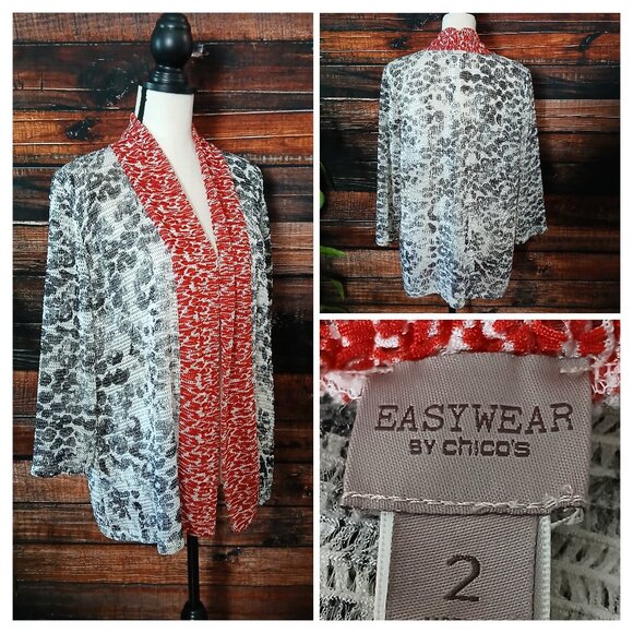 Chicos Easywear Top Size 2 US L Loose Weave Crinkle Cardigan Abstract 3/4 Sleeve - Picture 1 of 10